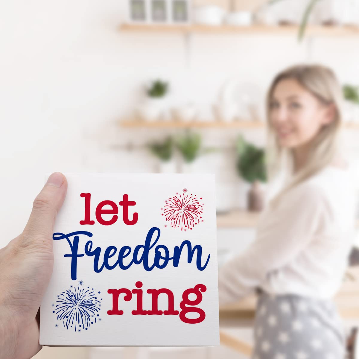 Let Freedom Ring Firework Independence Day Patriotic Wooden Plaque Sign Desk Decor,Retro 4th of July Wood Block Sign Desk Decorations for Home Bedroom Living Room Office Shelf Table Decor Ruvoty