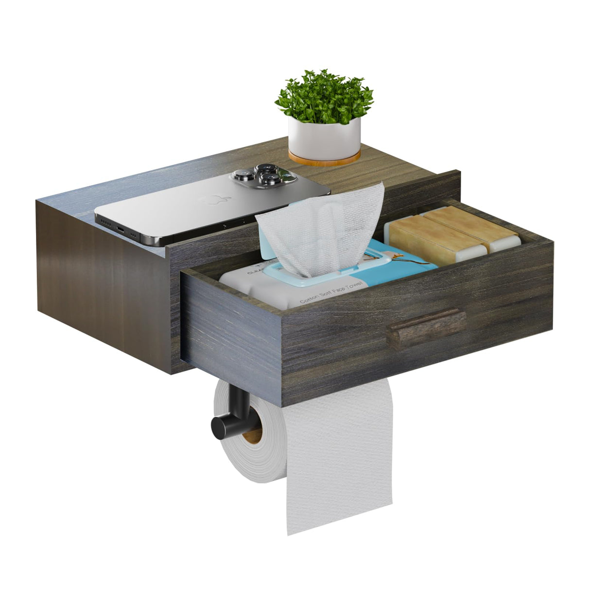 Toilet Paper Holder with Shelf,Wall Mount/Adhesive Rustic Farmhouse Toilet Paper Holder,Wipes Dispenser for Bathroom,Wood Toilet Roll Holder with Storage Drawer(Brown) SUNLOVING