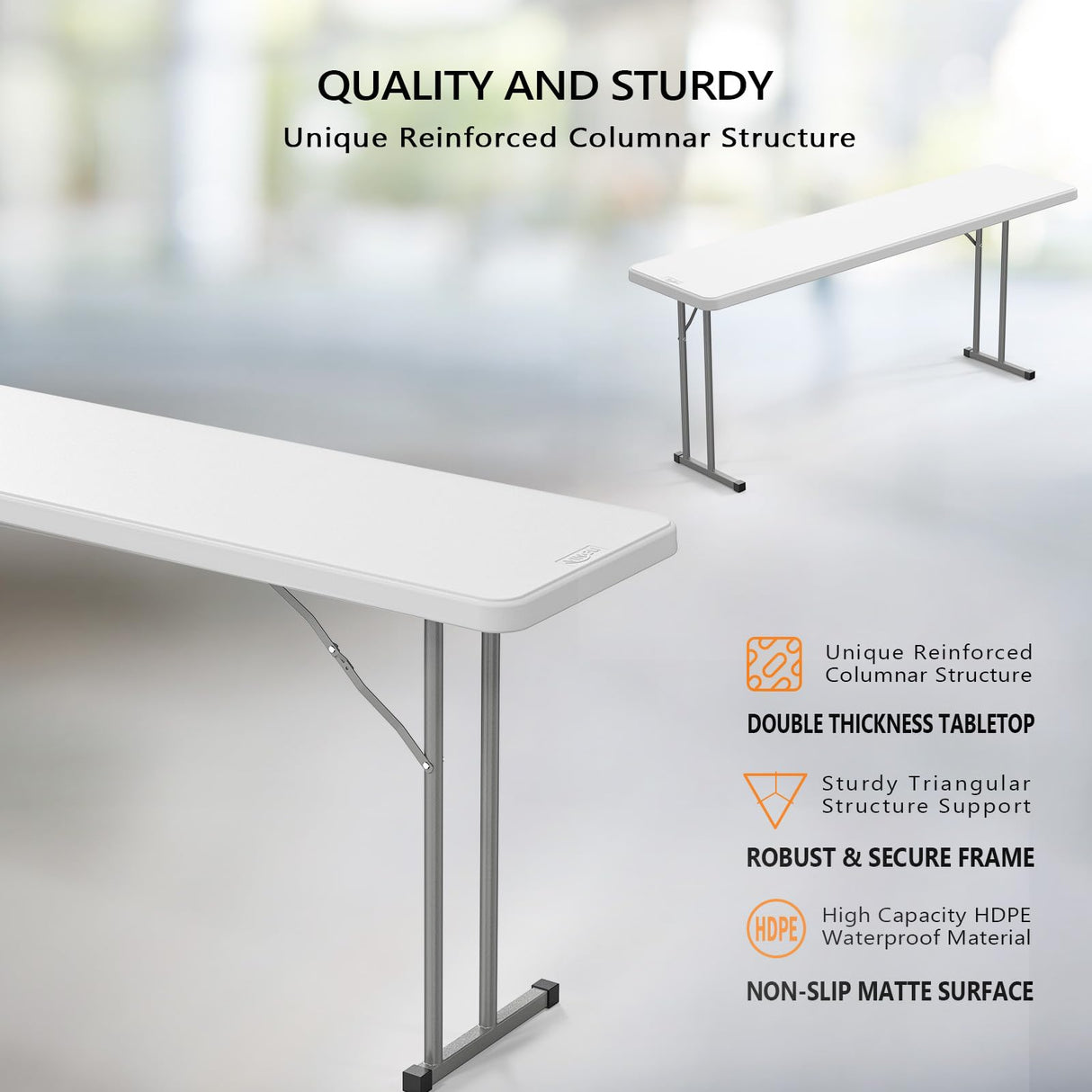 VINGLI 6 FT Narrow Folding Table,Premium Quality HDPE Material and Sturdy Metal Frame, Perfect for Buffet, Seminar, Party, Training, Home Work VINGLI