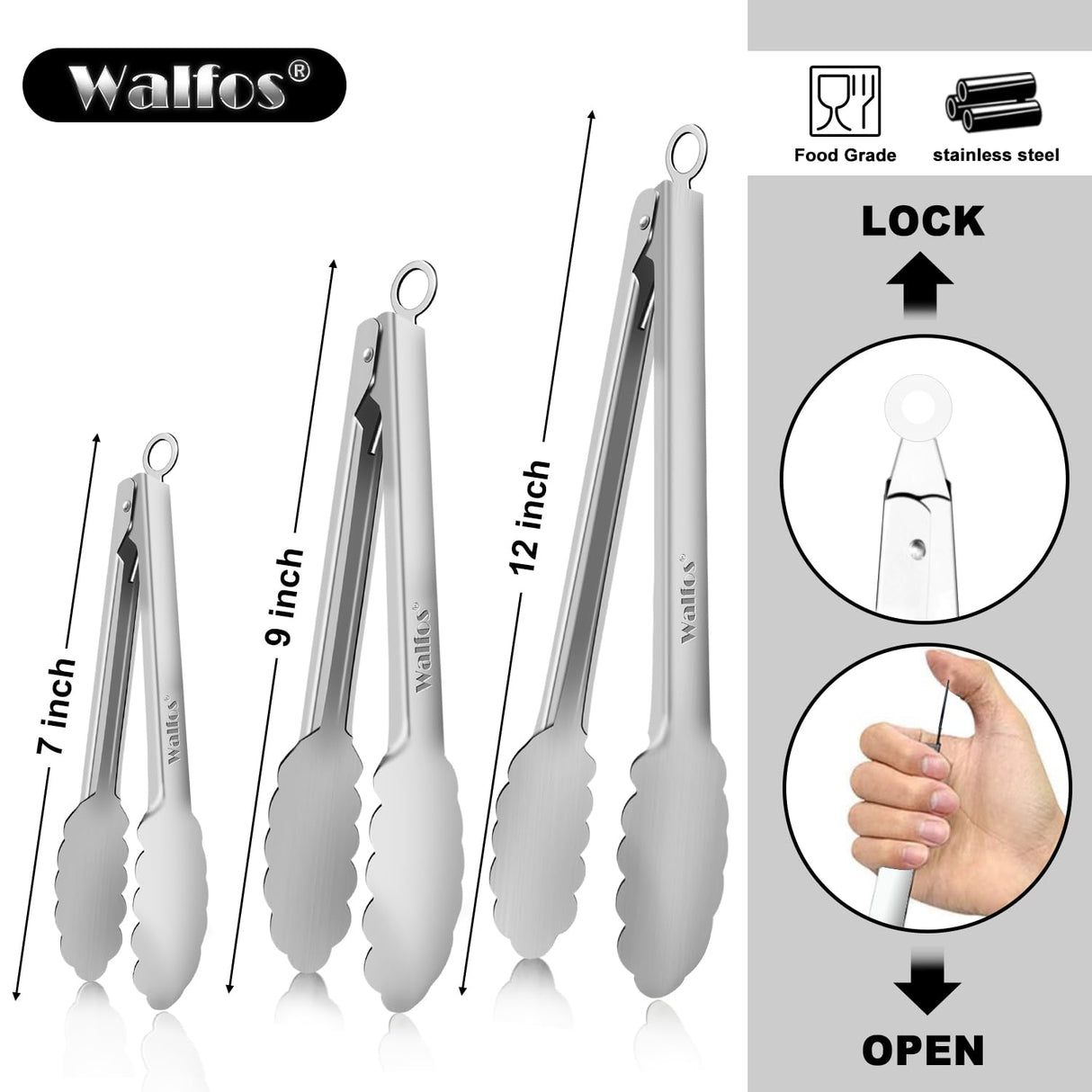 Walfos Kitchen Tongs for Cooking, 600℉ Heat Resistant Stainless Steel Tongs, All Metal Heavy Duty Tongs For Food,BBQ Grilling - 7 ,9 and 12 Inch,Set of 3 Walfos