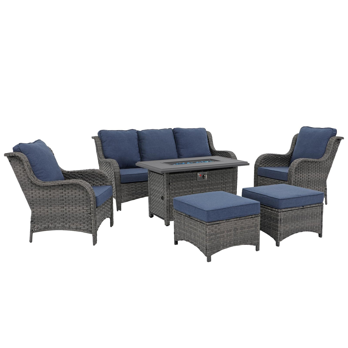 SUNSITT Outdoor Furniture Set with Fire Pit Table Wicker Patio Conversation Set 6-Piece Patio Sectional Furniture Set with Gas Firepit Grey Wicker & Denim Blue Cushion for Garden, Porch, Backyard SUNSITT