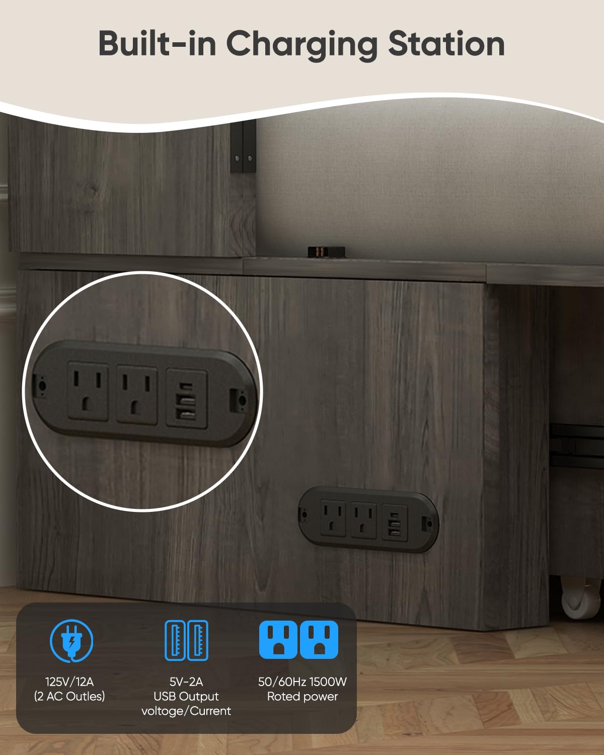 ADOWORE Queen Size Murphy Bed with Mattress Included, Cabinet Bed with Charging Station & Large Storage Drawer, Hideaway Full Foldable Platform Bed for Home Office or Guest Bedroom, Living Room,Grey ADOWORE