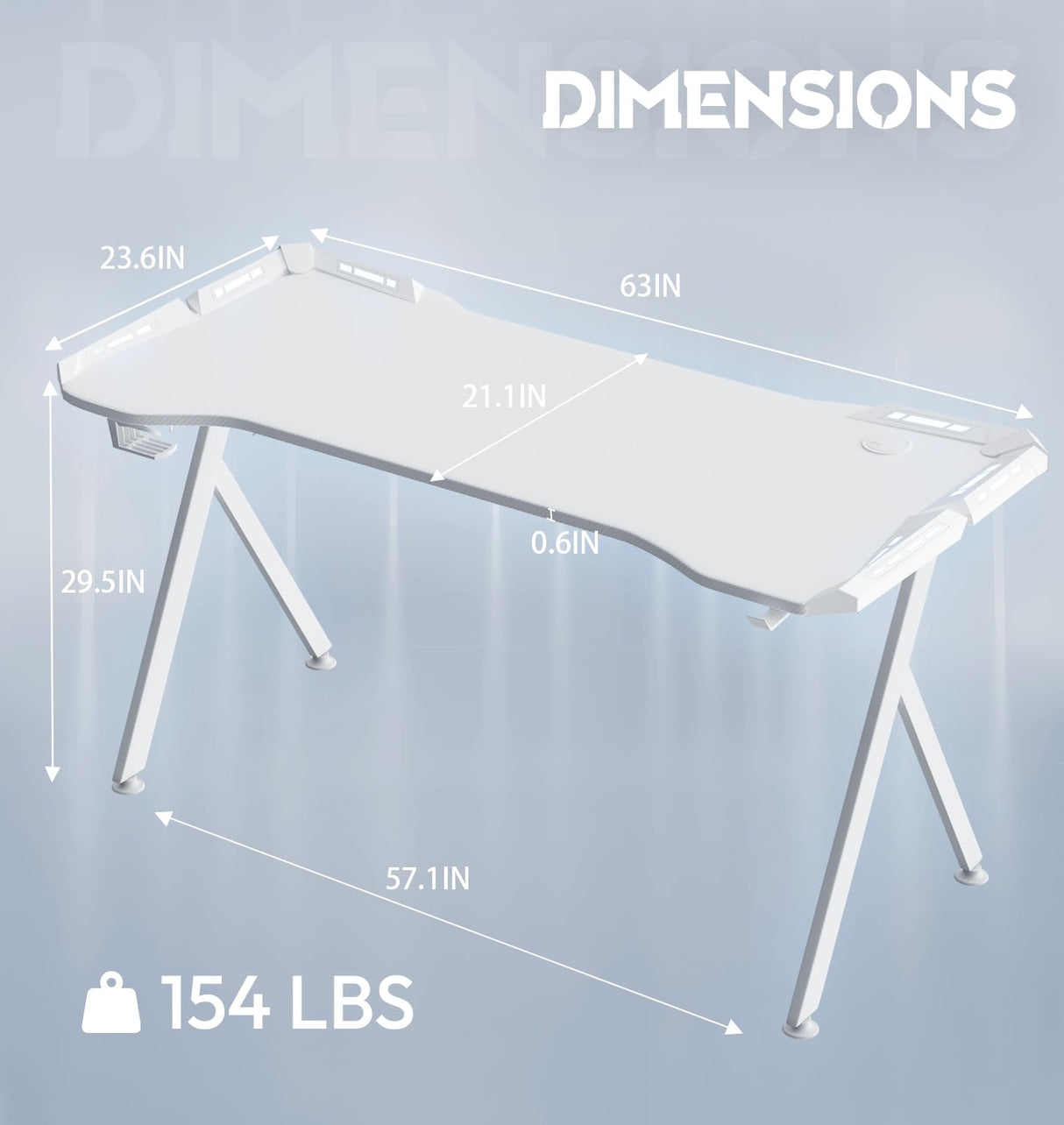 Dowinx Gaming Desk with LED Lights, RGB Gaming Computer Table with Carbon Fibre Surface, LED Home Office Desk with Remote Control, Pc Workstation with Cup Holder and Headphone Hook, 63 Inch, White Dowinx