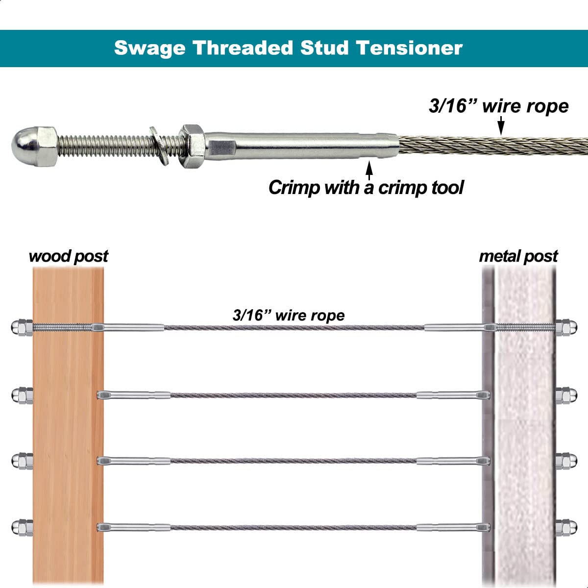 Sowtowe 3/16 T316 Stainless Steel Stud Tensioner Cable Railing Hardware 60pcs,for Wood & Metal Posts Cable Railing System Kit Sowtowe