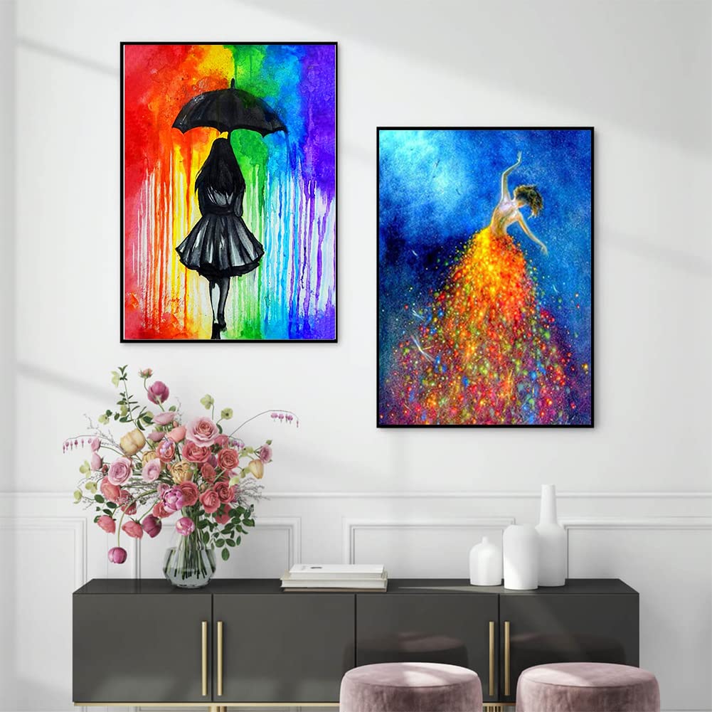 2-Piece DIY 5D Diamond Art Set for Adults or Children, Full Diamond Painting Set with the Theme of Girls Dancing with Stars and Girls in the Rain, Perfect Art Crafts for Home Wall Decoration 12"x16" OFRKE