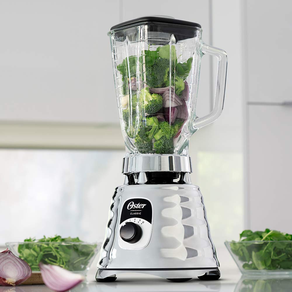 Oster Original 3 Speed Chrome Blender, 6 Times more Durable Motor, 10 Times Stronger, 5 Cup Glass Jar Oster