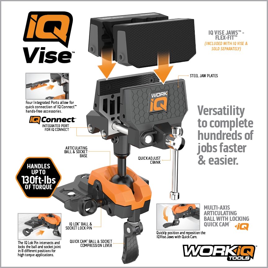 IQ Vise | 360° Articulating Bench Vise Made From Steel & Cast Aluminum w/ 8-Position Locking Ball & Socket | Woodworking Vise Handles Up To 130ft-lbs of Torque | Pipe Vise With Double Sided Jaws WORK IQ TOOLS