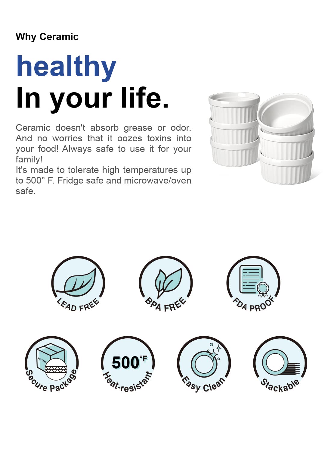 LE TAUCI Ramekins 4 OZ Oven Safe, Creme Brulee Ramekins, Pudding Custard Cups Souffle Ramiken, Dipping Sauce Dishes, Ceramic Ramekin Bowls Set of 6, White LE TAUCI