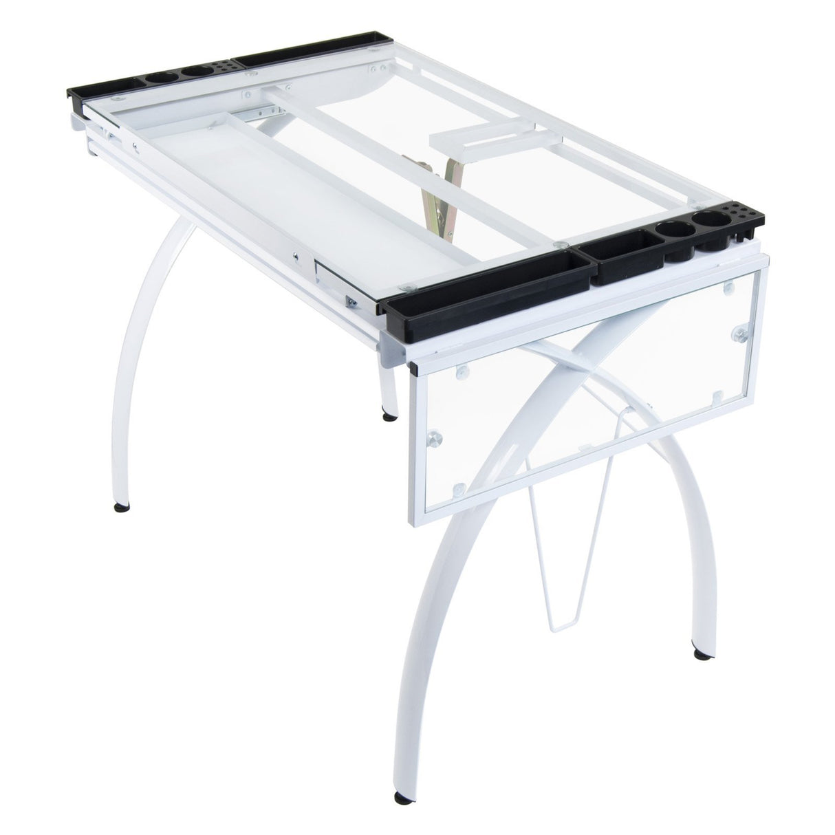 SD Studio Designs 10096 Futura Station with Folding Shelf Top Adjustable Drafting Craft Drawing Hobby Table Writing Studio Desk with Drawer, 35.5'' W x 23.75'' D, White/Clear Glass SD STUDIO DESIGNS