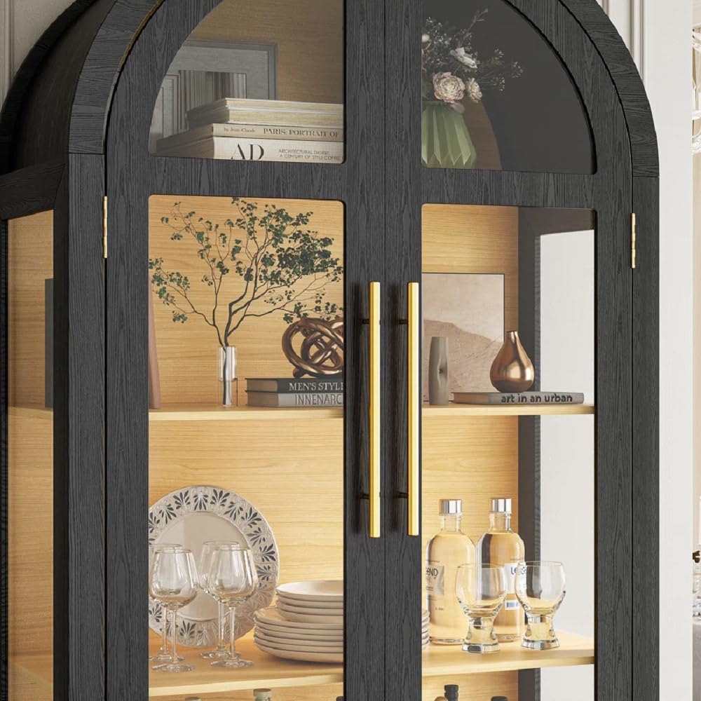 EOAWE Arched Curio Cabinet with Glass Doors, 4-Tier Display Cabinet with 2 Drawers, Tall Bookcase with 3 Color Lights, Display Case, Kitchen Pantry, Black+Wood EOAWE