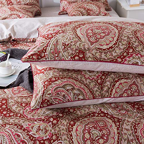 FADFAY Paisley Duvet Cover Set 100% Cotton Ultra Soft Red and Beige Reversible Paisley Bedding Set with Hidden Zipper Closure 3 Pieces, 1Duvet Cover & 2Pillowcases, King/California King Size FADFAY