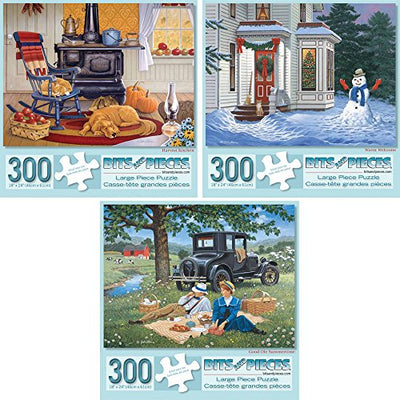 Bits and Pieces – Value Set of Three Large 300 Piece Jigsaw Puzzles for Adults – Seasons Themed Jigsaw Puzzles Designed by Artist John Sloane, Completed Puzzle Size: 18" x 24"