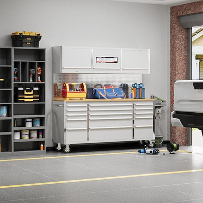 72 Inch Garage Tool Cabinet with 15 Drawers, Garage Workbench/Storage Cabinet, Rolling Toolbox Stainless Steel Tool Bench with Locking System, Metal Construction, Workshop/Garage/Home