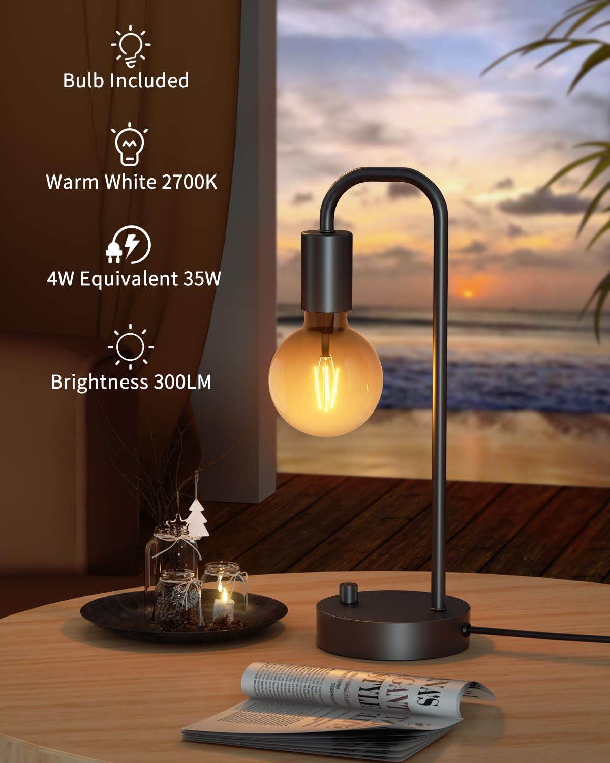 ONEWISH Industrial Table Lamp for Bedroom, Fully Dimmable Modern Bedside Lamps with 2700K Warm Light Bulb for Kids Reading, Minimalist Nightstand Lamps for Living Room, Office (Bulb Included) ONEWISH