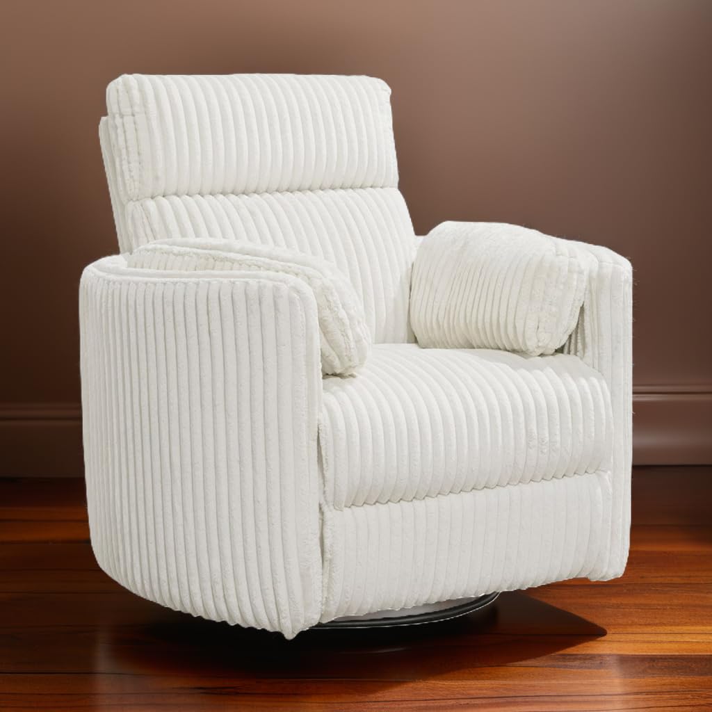 Pemberly Row Contemporary Fabric Swivel Glider Recliner in Ivory with USB Charging Ports and 2 Comfort Pillows for Living Room Pemberly Row