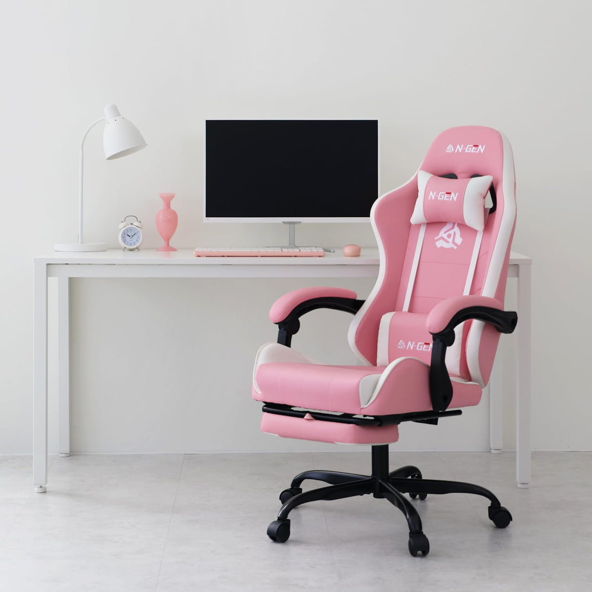 N-GEN Video Gaming Chair with Footrest High Back Ergonomic Comfortable Office Computer Desk with Lumbar Support Height Adjustable with PU Leather Recliner for Adults Women Men (Pink) NEO CHAIR
