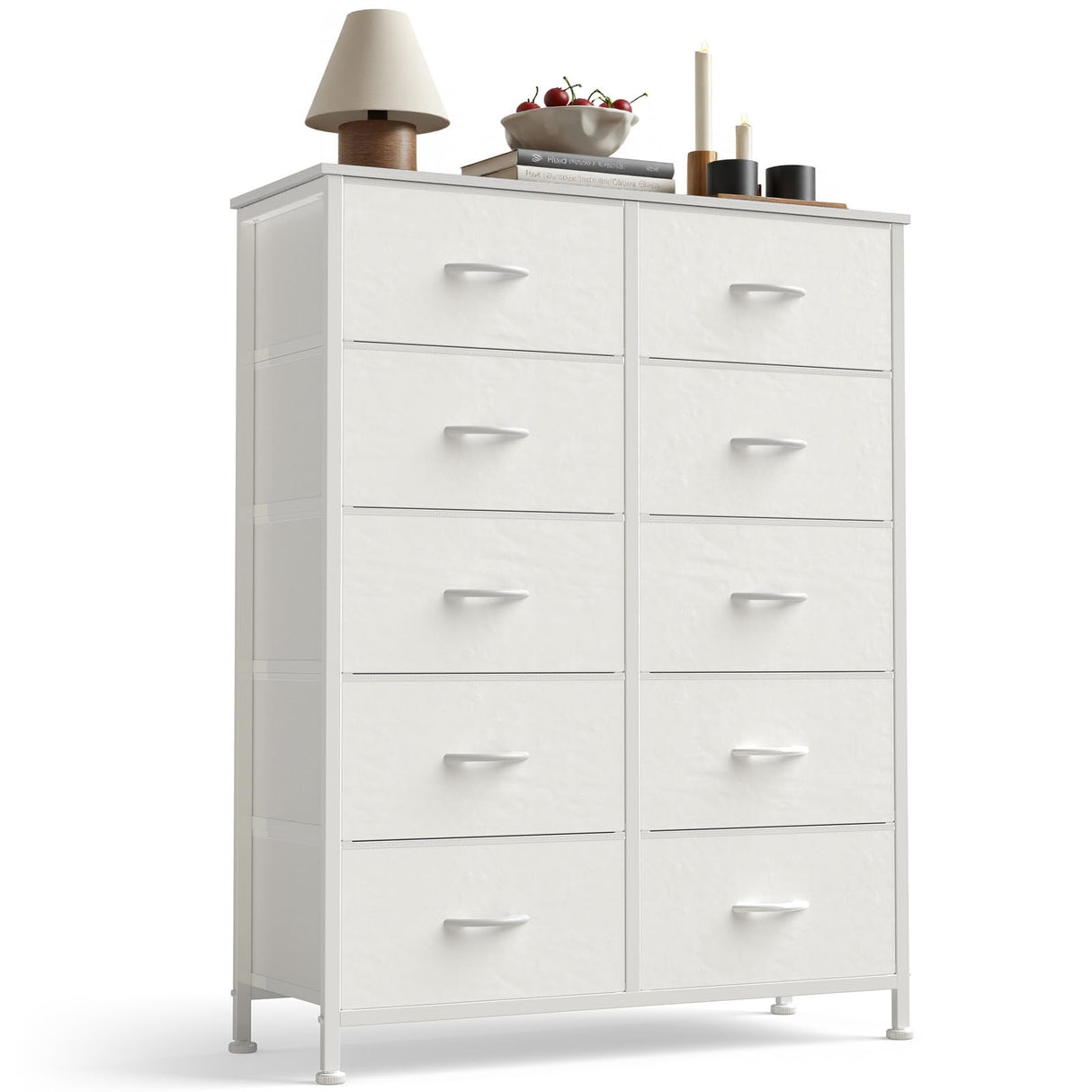 Sweetcrispy 10 Drawer Fabric Dresser Storage Tower with Bins, Tall Chest Organizer for Bedroom Closet Hallway, Steel Frame Wood Top Easy Pull Handles,White Sweetcrispy