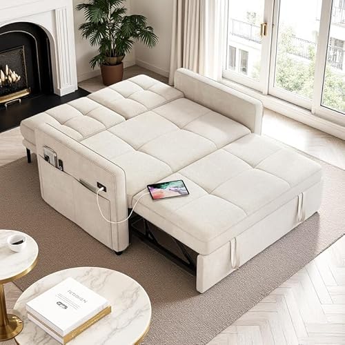 DWVO 55" Convertible Sofa, 3-in-1 Sleeper Sofa with Pull-Out, Velvet Futon Couch with Adjustable Backrest and USB, Modern Loveseat for Living Room Apartment, Light Beige DWVO