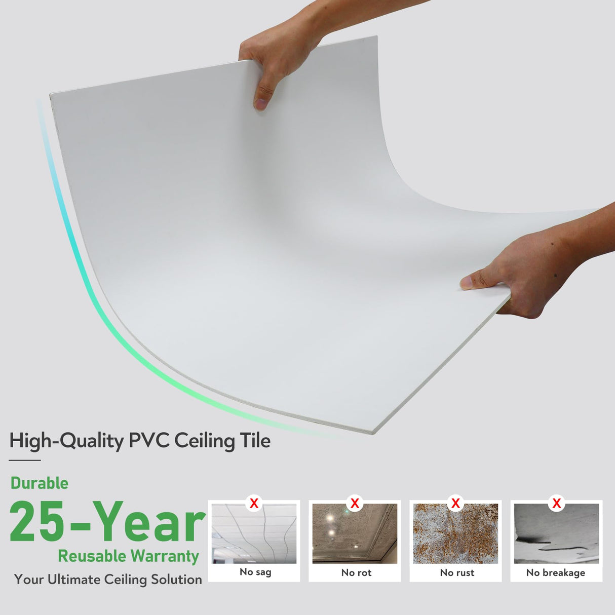 STICKGOO Smooth Drop Ceiling Tiles 2ft x 2ft, PVC Ceiling Tile 24 x 24in - Waterproof, Fire-Rated to Prevent Breakage - Package of 12 Tiles Cover 48 Sq. Ft, White STICKGOO
