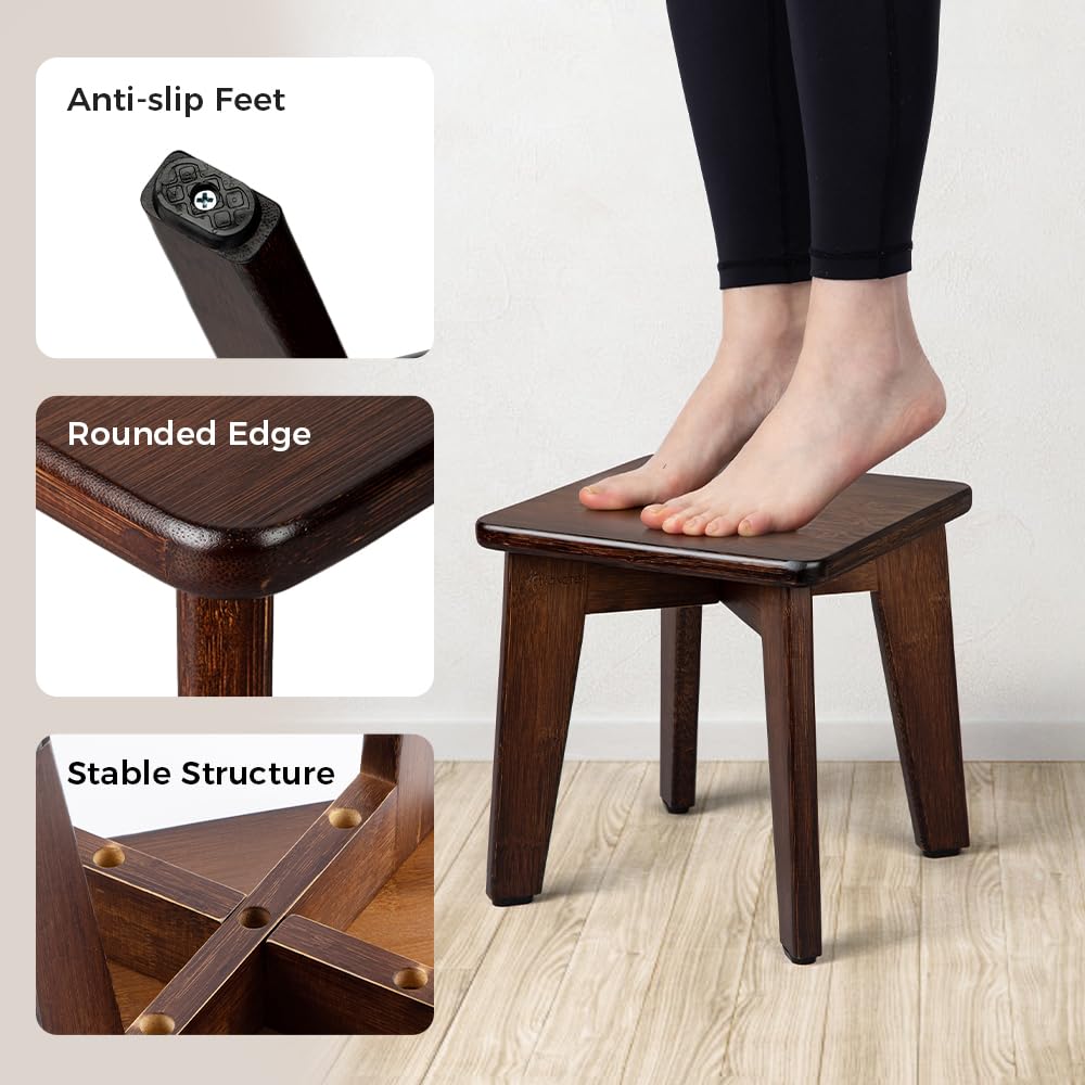 StrongTek Bamboo Small Step Stool, Durable and Stylish Wooden Step for Adults and Kids, Perfect for Kitchen, Bathroom, Bedroom, or Living Room, Non-Slip, Compact, Portable, Easy to Store (Chocolate) StrongTek