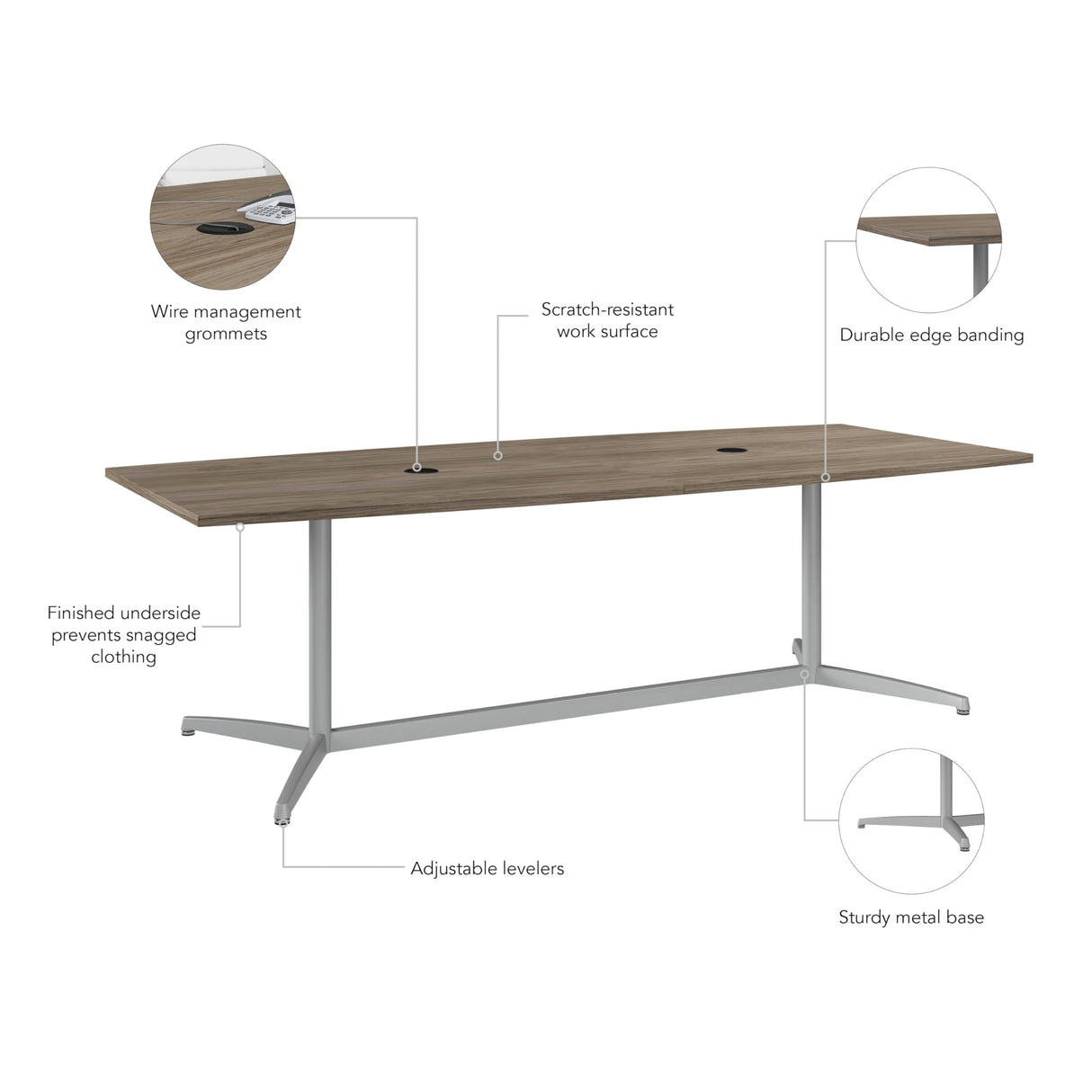 Bush Business Furniture Conference Table for 6-8 People with Sturdy Metal Base in Modern Hickory | Boat Shaped 8 Foot Meeting Desk for Office Boardrooms | 96Wx42D Bush Business Furniture