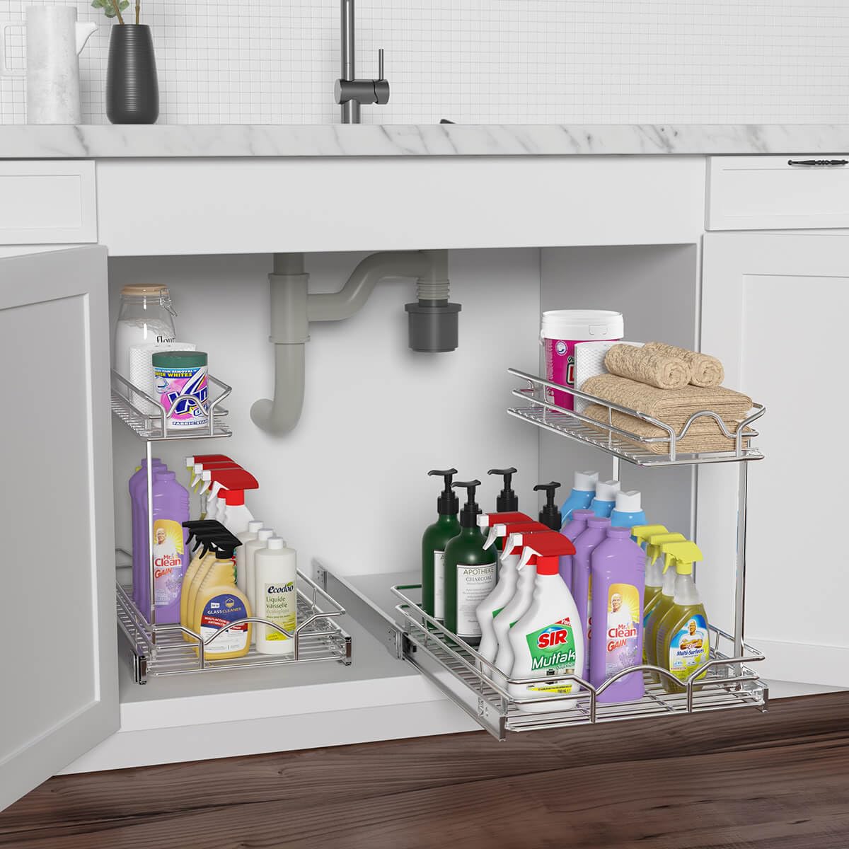 OCG Under Sink Cabinet Organizer Two Tier Pull Out Shelf (14.75W x 21D), Under Sink Sliding Shelf for Kitchen Bathroom Cabinet 2 Tier Chrome OCG