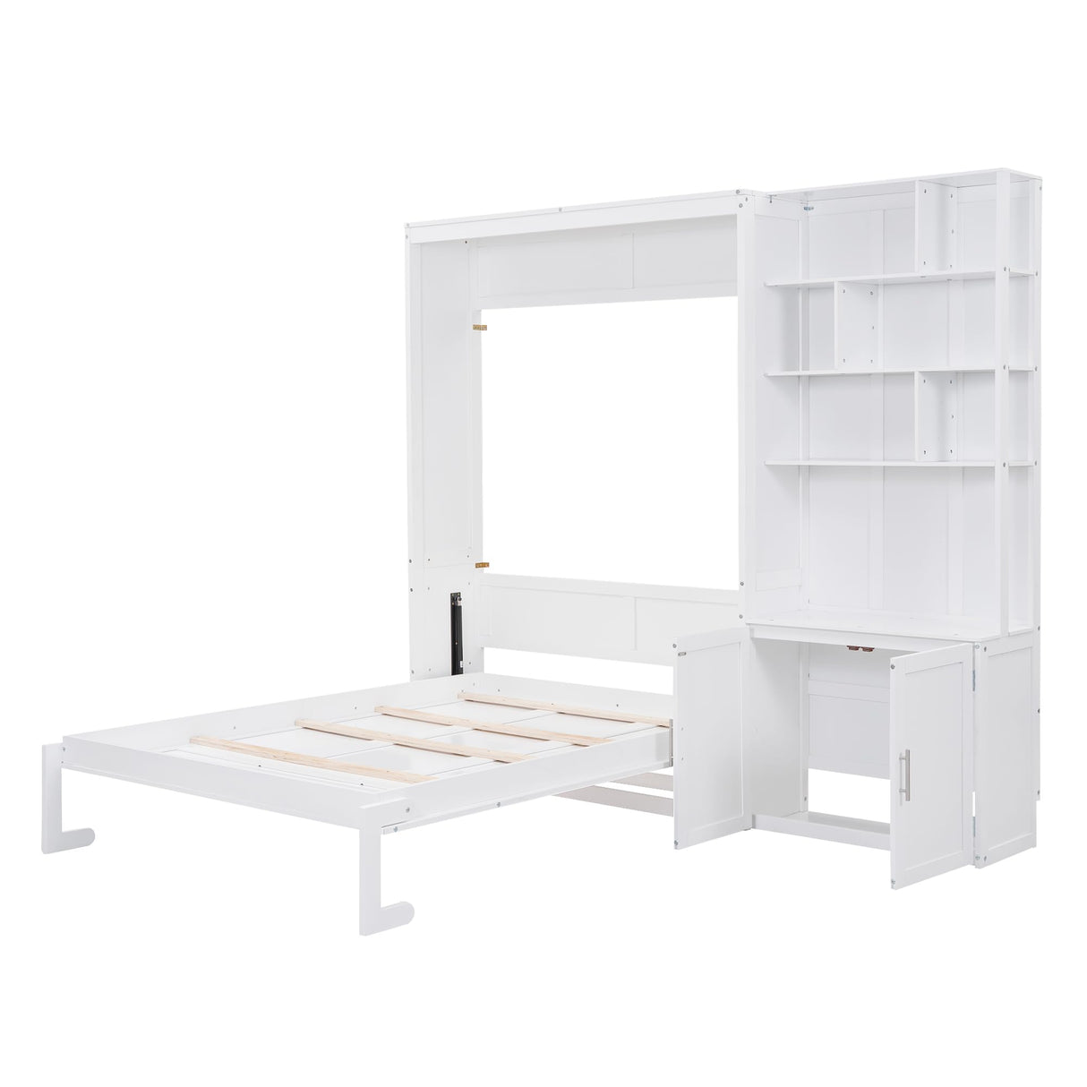 Merax Full Size Murphy Bed, Wood Wall Cabinet Bed with Multiple Storage Shelves and a Cabinet, White Merax