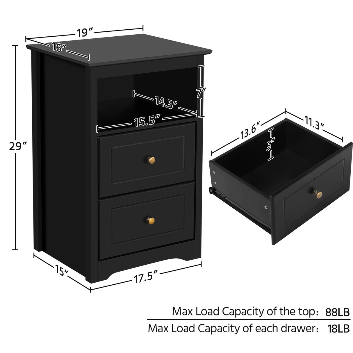 Yaheetech Tall Nightstand with 2 Drawer and 1 Cubby, 29" High Bedside Table Wooden Storage Cabinet Bed Side Table with Drawer for Bedroom Home Office, Black Yaheetech