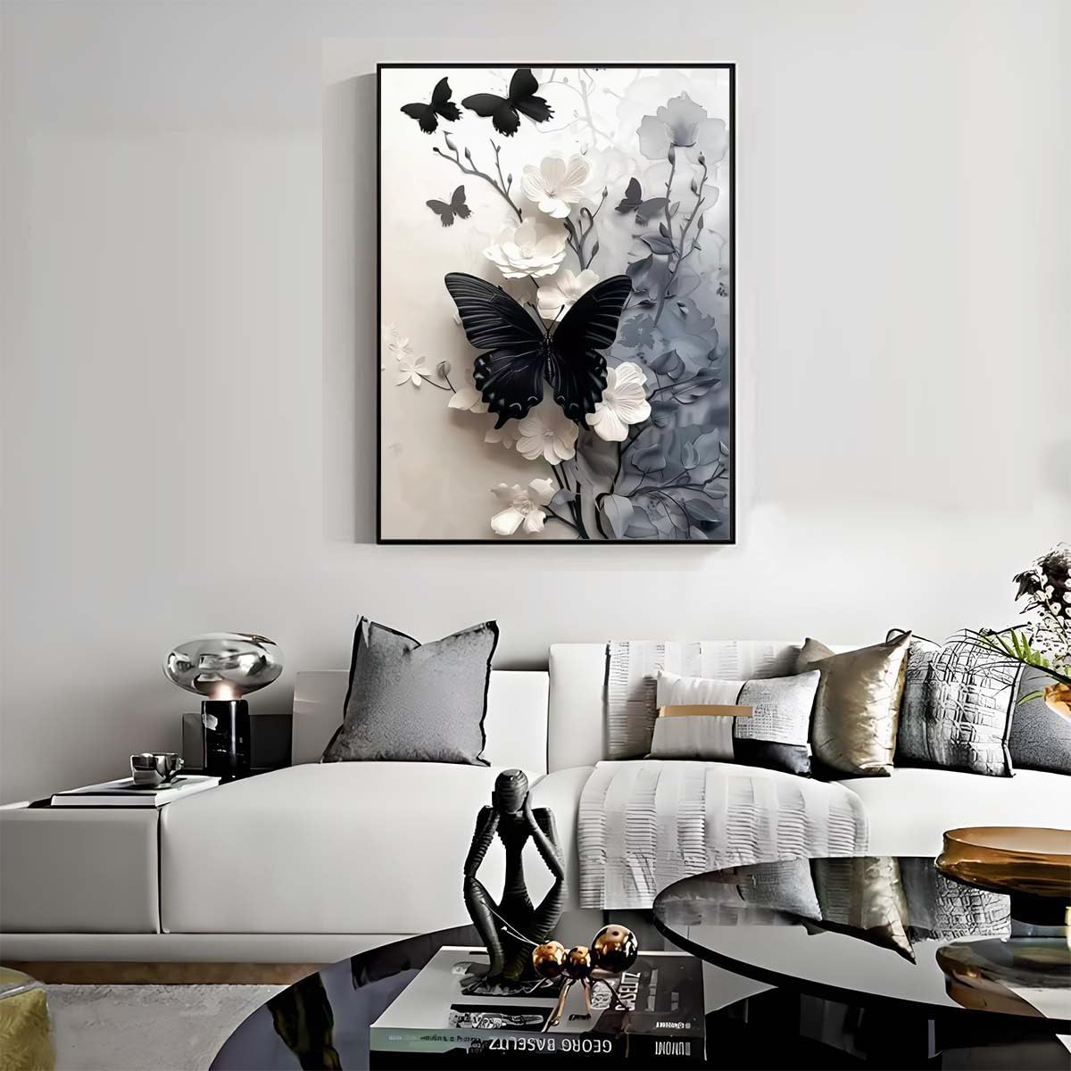 Black Butterfly 5D Diamond Painting Kits for Adults, Diamond Art Kit for White Flowers,DIY Full Round Drill Diamond Gem Art and Crafts Home Wall Decor 12 x 16 inch GEMFAMILY