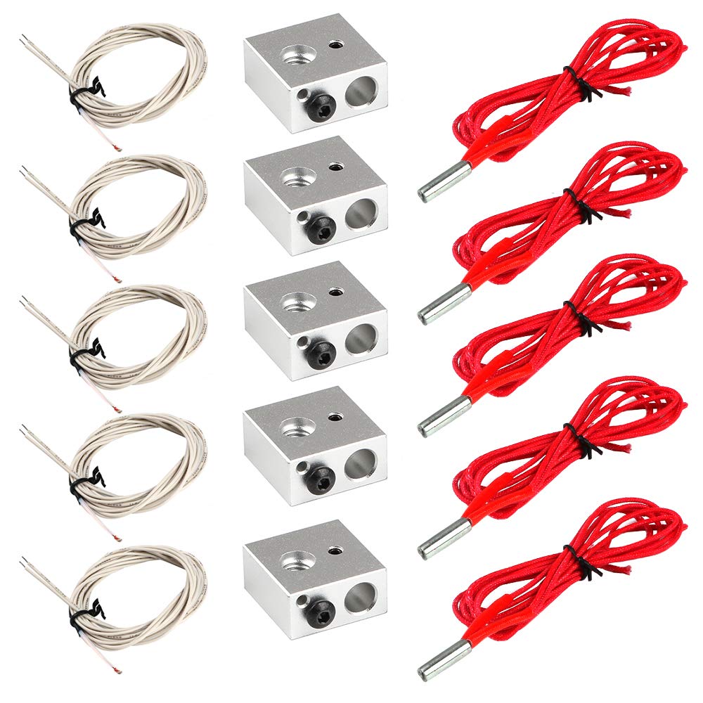 MakerHawk 5pcs Aluminum Heater Block for MK7 / MK8 3D Printer and 5pcs NTC 3950 100K Thermistor with 1 Meter Wiring and 5pcs 12V 40W 620 Ceramic Cartridge Heater for 3D Printer MakerHawk