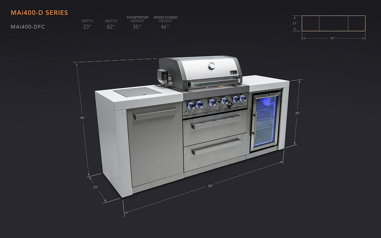 Mont Alpi MAi400-DFC 32-Inch 4-Burner 78000 BTU Deluxe Stainless Steel Gas Outdoor Kitchen Bar Barbecue Island Grill w/Infrared Side Burner + Wine Cooler Compact Refrigerator + Rotisserie Kit Mont Alpi