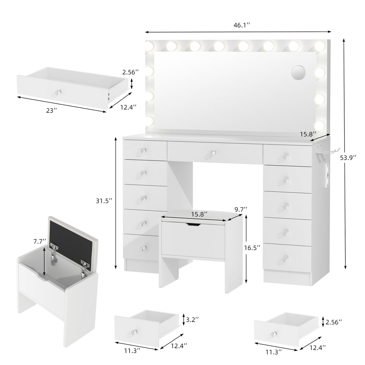 VOWNER Vanity with Lighted Mirror - Makeup Vanity Desk with 11 Drawers and Outlet, 3 Color Lighting Modes Adjustable Brightness, 46" Vanity Table with Soft Cushioned Stool for Bedroom, White VOWNER