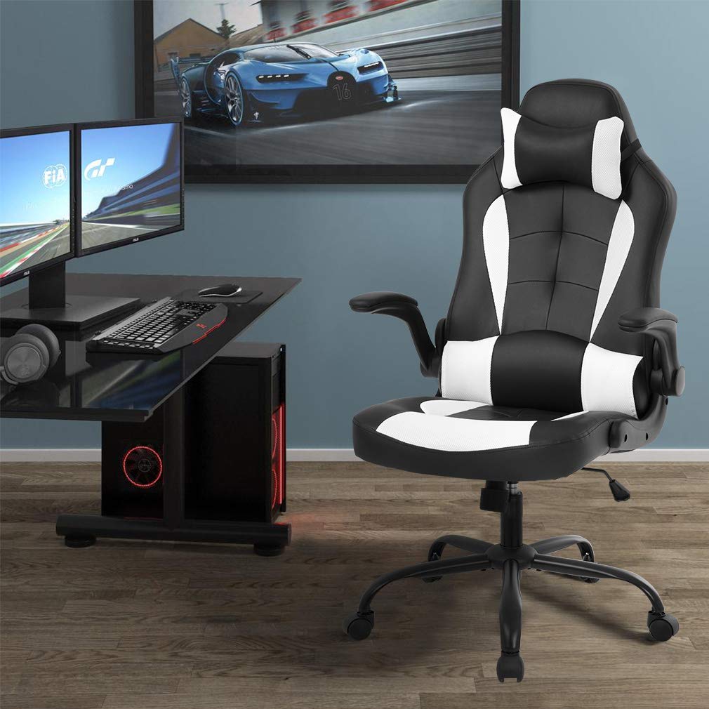 Gaming Chair Racing Style Office Chair High Back Desk Chair Executive PU Leather Rolling Task Swivel Computer Chair with Lumbar Support Headrest, White FDW