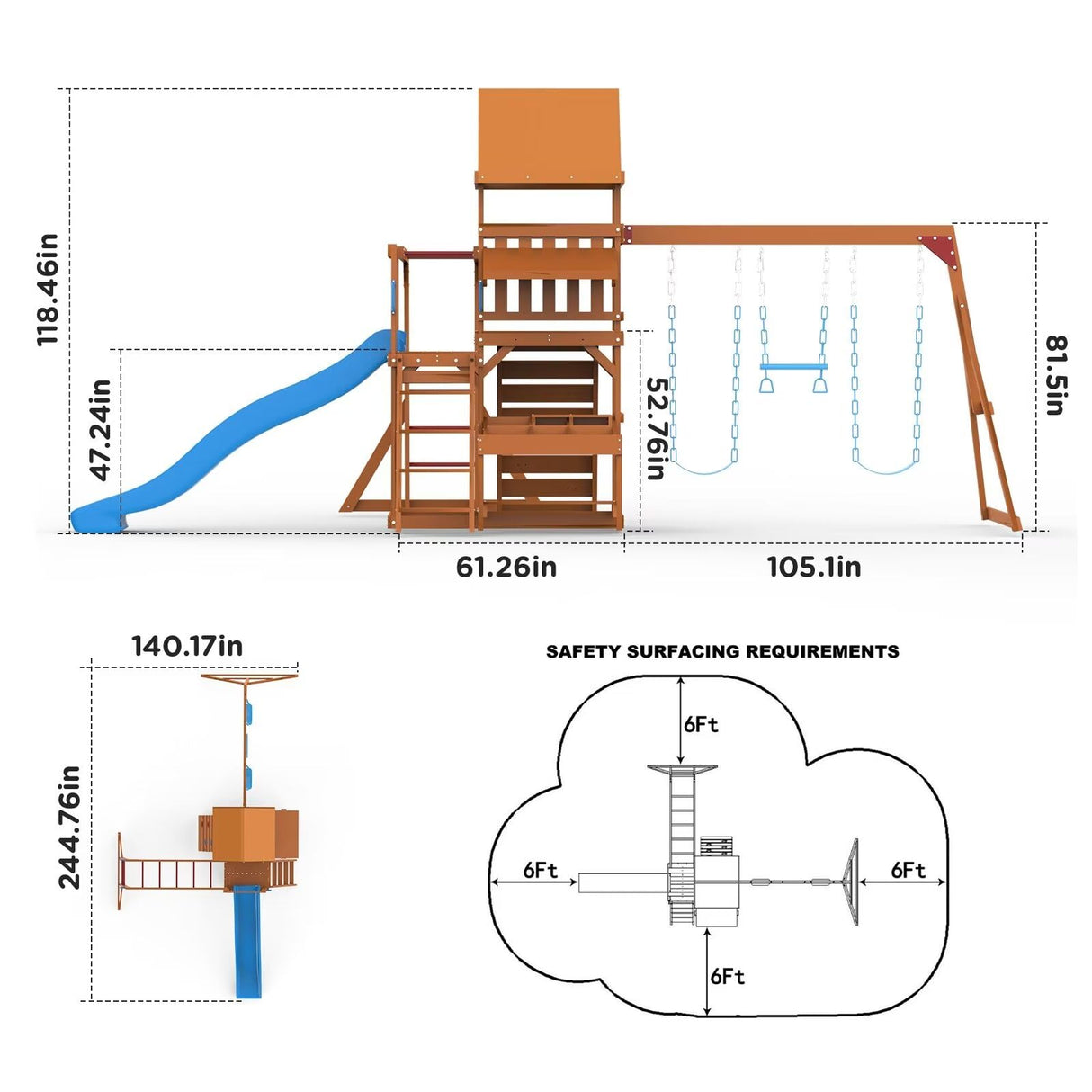 Dolphin Playground Swing Sets for Backyard with Monkey bar, Wooden Playground Sets for Backyards with 8FT Wave Slide, Multi-Functional Shelf, 2 Belt Swings, Outdoor Playset for Kids 3-10 DOLPHIN PLAYGROUND T