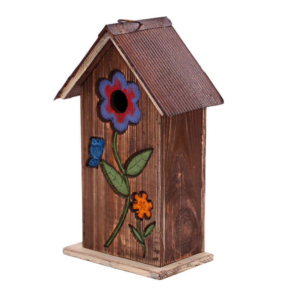 Topadorn Wooden Birdhouse Carved Floral Bird House for Outdoor Yard Garden Porch Patio Country Decor,Brown Hanging Bird House Topadorn