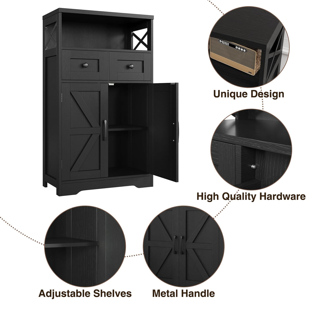 Black Storage Cabinet with Doors and Shelves, Farmhouse Kitchen Pantry Storage Cabinet, Small Coffee Bar Cabinet with Storage, Freestanding Floor Hutch Cupboard Cabinet for Kitchen/Laundry/Living Room FiveWillowise