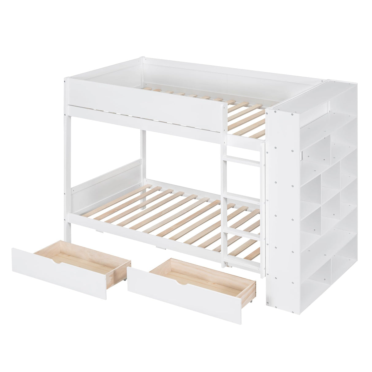 Twin Over Twin Bunk Bed with Bookcase, Wood Bunk Bed Frame with 2 Drawers and Multi-Layer Cabinet Storage Shelves, Bed with High Guardrails for Kids Teens(White, Twin) THINK 30