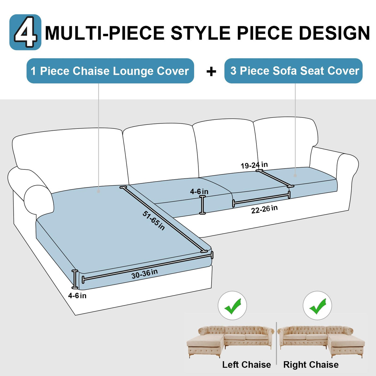 NAISI Waterproof Couch Cushion Covers Thick Velvet Fabric Washable Sofa Slipcovers Sectional Couch Covers for 4 Pieces Separate L Shape Couch Cover with Elastic Bottom(3 Seater + 1 Chaise,Grey) NAISI