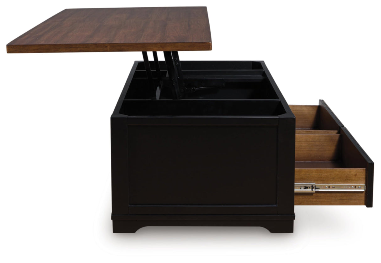 Signature Design by Ashley Wildenauer Lift Top Cocktail Table, Satin Finish Base, 2 Drawers, 2 Storage Bins, Hardwood Solids, 52" W x 28" D x 19" H, Light Brown & Black Signature Design by Ashley