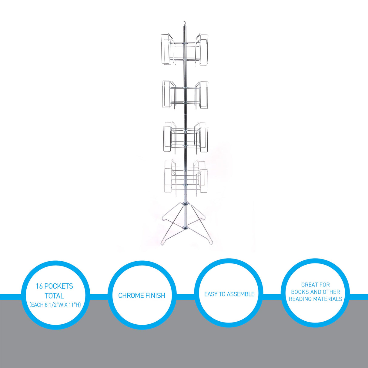 SSWBasics 4-Tier Chrome Rotating Standing Literature Rack - 64'H x 16"D - 16 Pockets Total - Sleek Floor Standing Book Display Rack for Periodicals - Sturdy Comic Book Display Stand for Magazines, SSWBasics