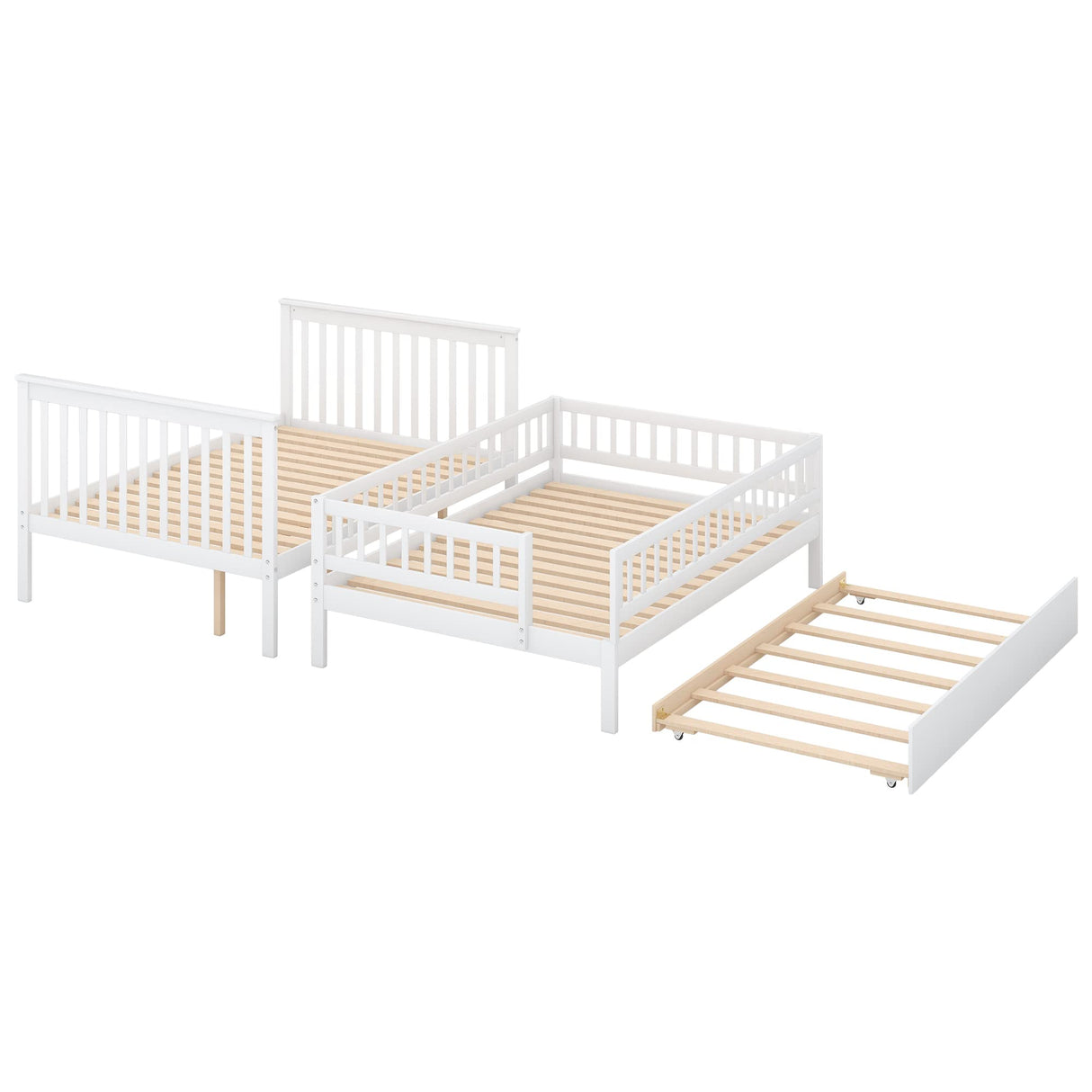 Full Over Full Bunk Beds with Trundle and Stairs Stairway Bunk Bed Frame with Storage Shelves for Kids Teens Adult, Detachable Wood Full Bunk Bed for Boys Girls Adults, White Bellemave