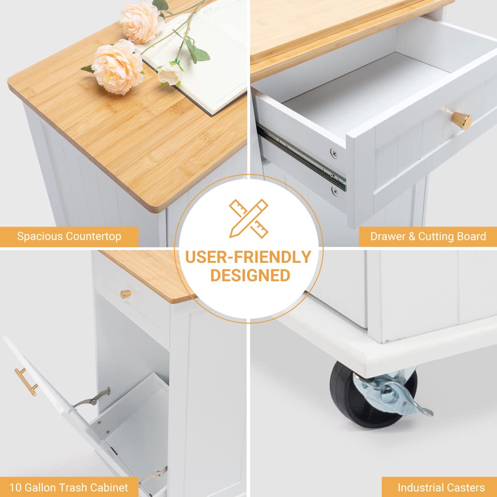 VINGLI Tilt Out Trash Cabinet, Garbage Can Cabinet with Drawer, 10 Gallon Movable/Freestanding Pet Proof Storage Organizer, Modern Trash Can Kitchen Cabinet, Living Room Storage, White VINGLI