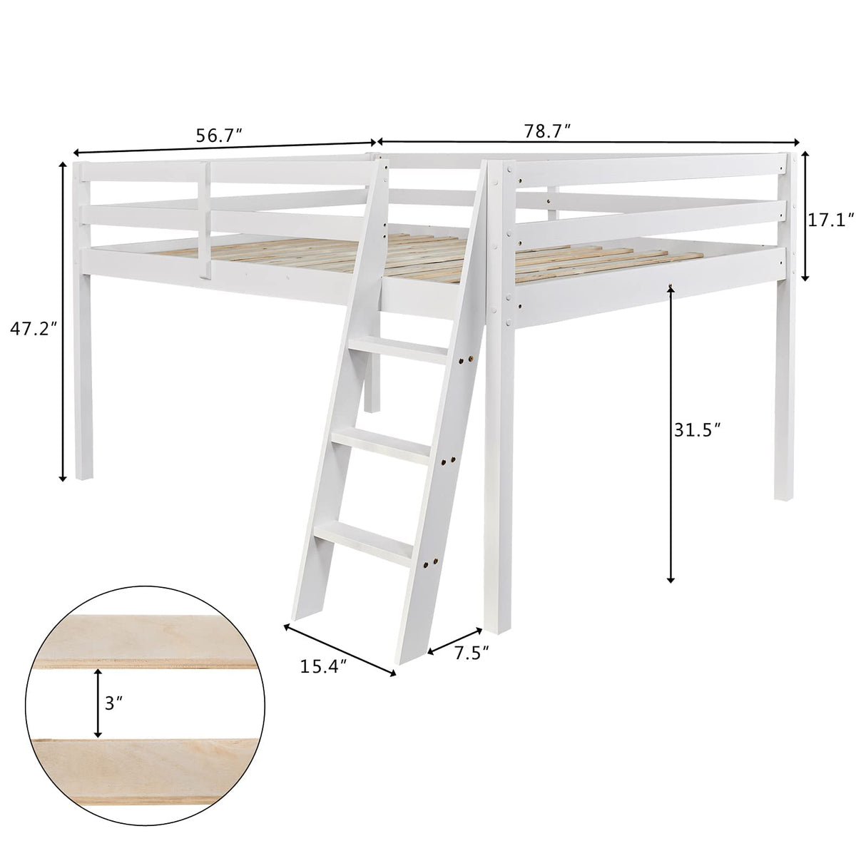 Bonnlo Low Loft Bed Full Size with Inclined Stairs, Junior Loft Bed with High Guard Rail for Kids/Young Teens/Adults, Solid Wood Low Bunk Bed Full Size White, 2 Center Beams, No Box Spring Required Bonnlo