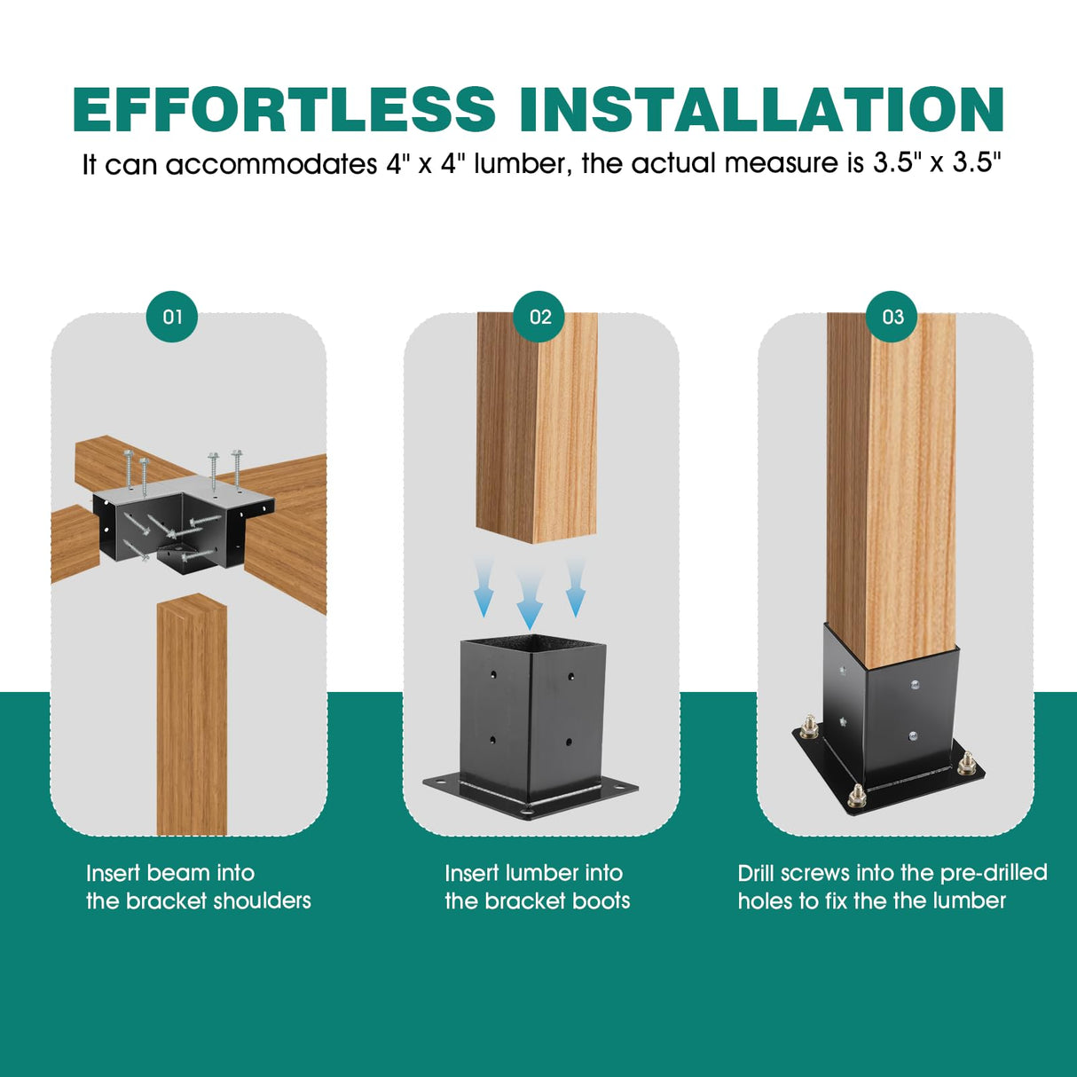 TOPTGO 3 PCS Pergola Brackets Kit,15° 4-Way Slanted Roof Pergola Bracket Set 4x4 (Actual: 3.5x3.5 in),Angle Corner Bracket with Post Base for Wooden Beams Lumber Gazebos Patio Pergola Sheds TOPTGO