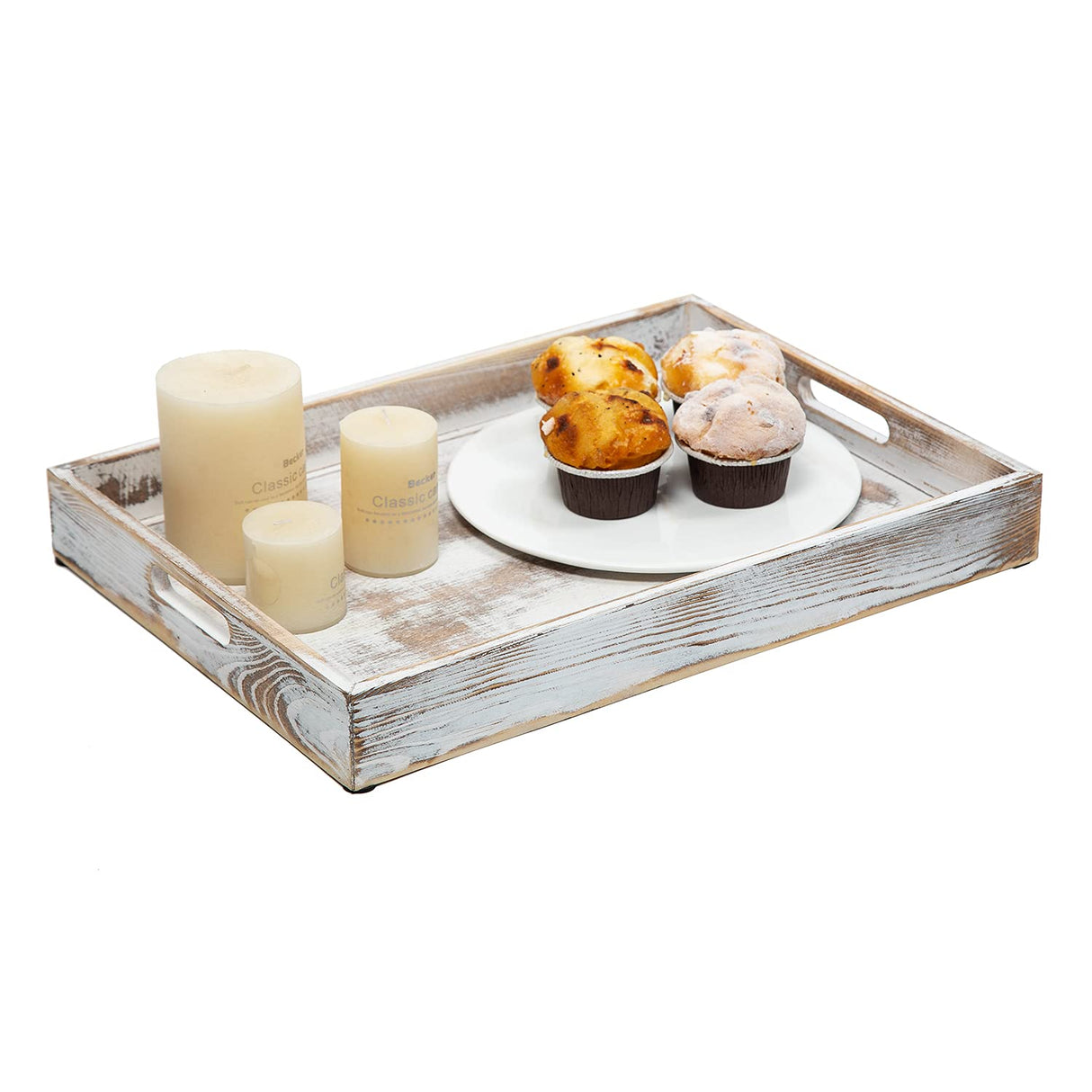 Rustic Distressed Wood Food Breakfast Serving Tray Octagon Serving Tray in Bed with Cutout Carrying Handles Coffee Office Desktop Document Holder Home Kitchen (Washed White) canwedance