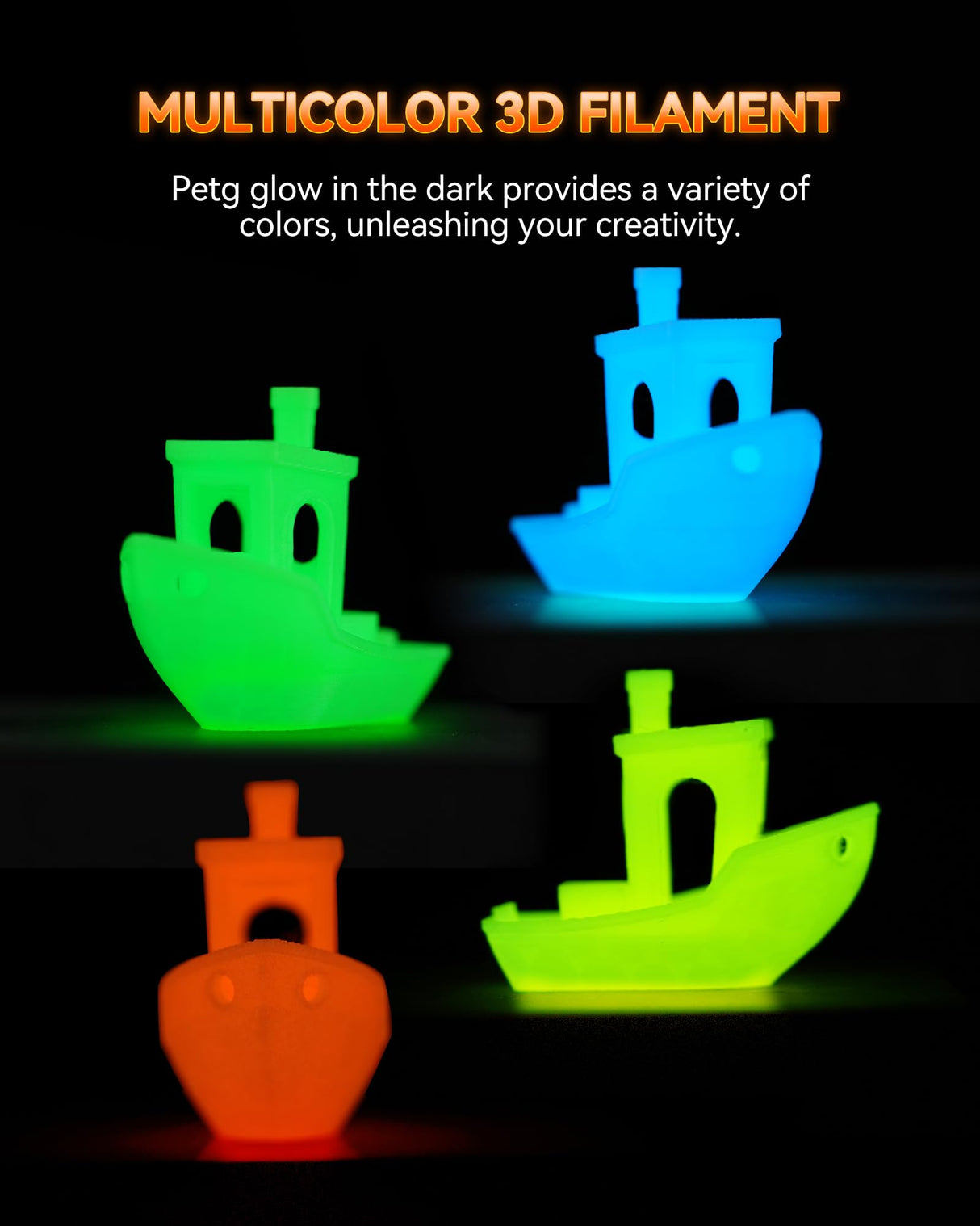 TECBEARS Glow in The Dark Petg Filament,Neatly Wound 3D Printer Filament Bundle,250g/Spool, 8 Packs (2 Spool of Black Petg and 6 Spool of Glowing Blue/Green/Red/Yellow) TECBEARS