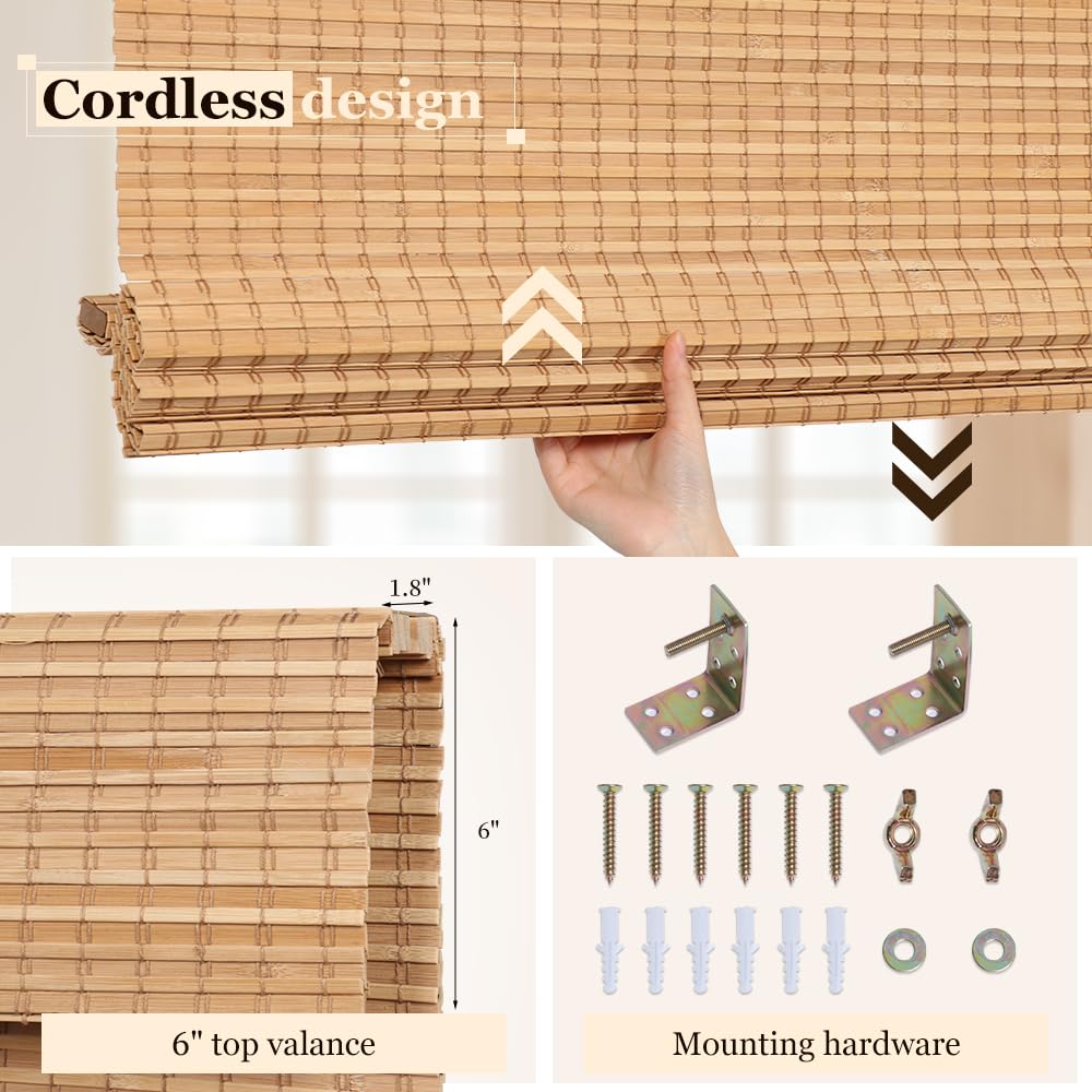 LUCKUP Cordless Bamboo Roman Blinds Shades for Indoor Windows-Blackout Room Darkening Roman Blinds with 6" Valance Cover Enhanced Privacy, 32" W x 64" H LUCKUP