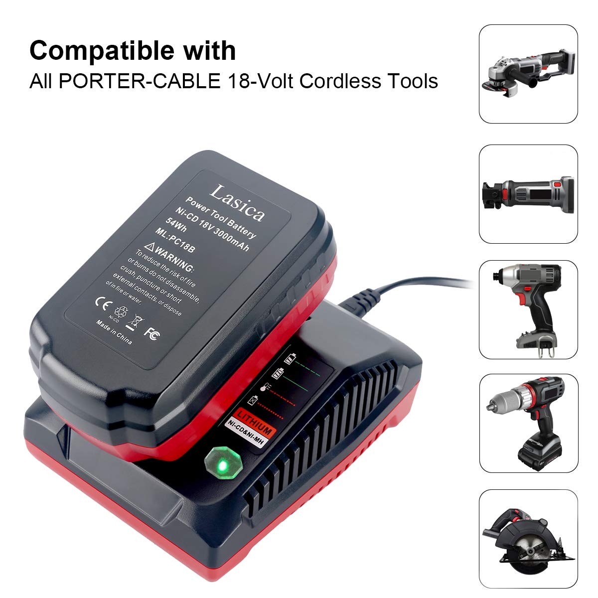 Lasica 18V 3.0A Fast Battery Charger PCXMVC Replacement for Porter-Cable 18-Volt PC18B NiCd, NiMh & Lithium Cordless Tool Battery Packs PC18BL PC18BLEX Compatible with Porter Cable 18V Charger PCMVC Lasica