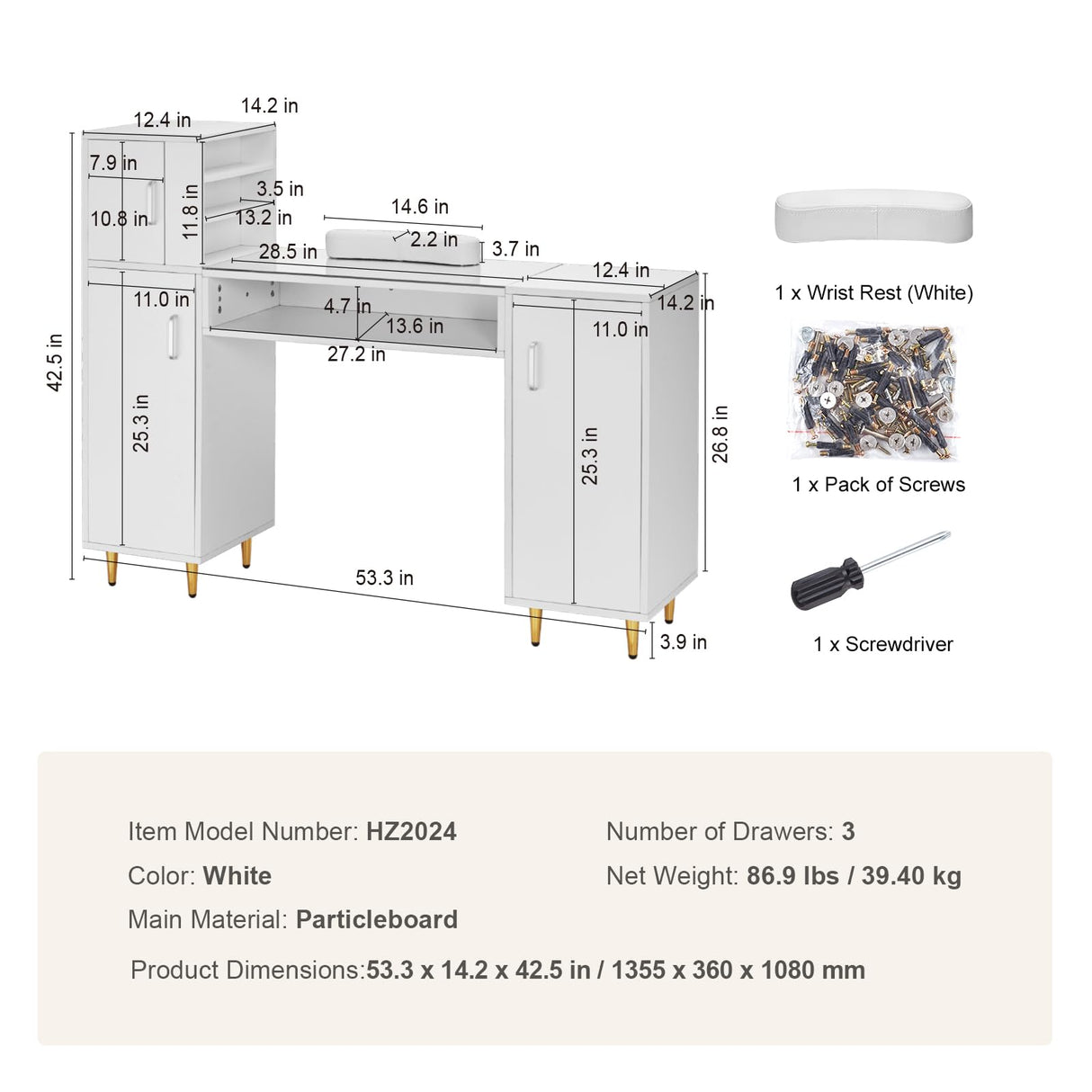 VEVOR Manicure Table, Glass Top Desk Makeup Dressing Station with Storage Cabinets, Acetone-Resistant Nail Tech Table for Spa Beauty Salon Workstation with Wrist Rest, 8 Metal Legs, White VEVOR