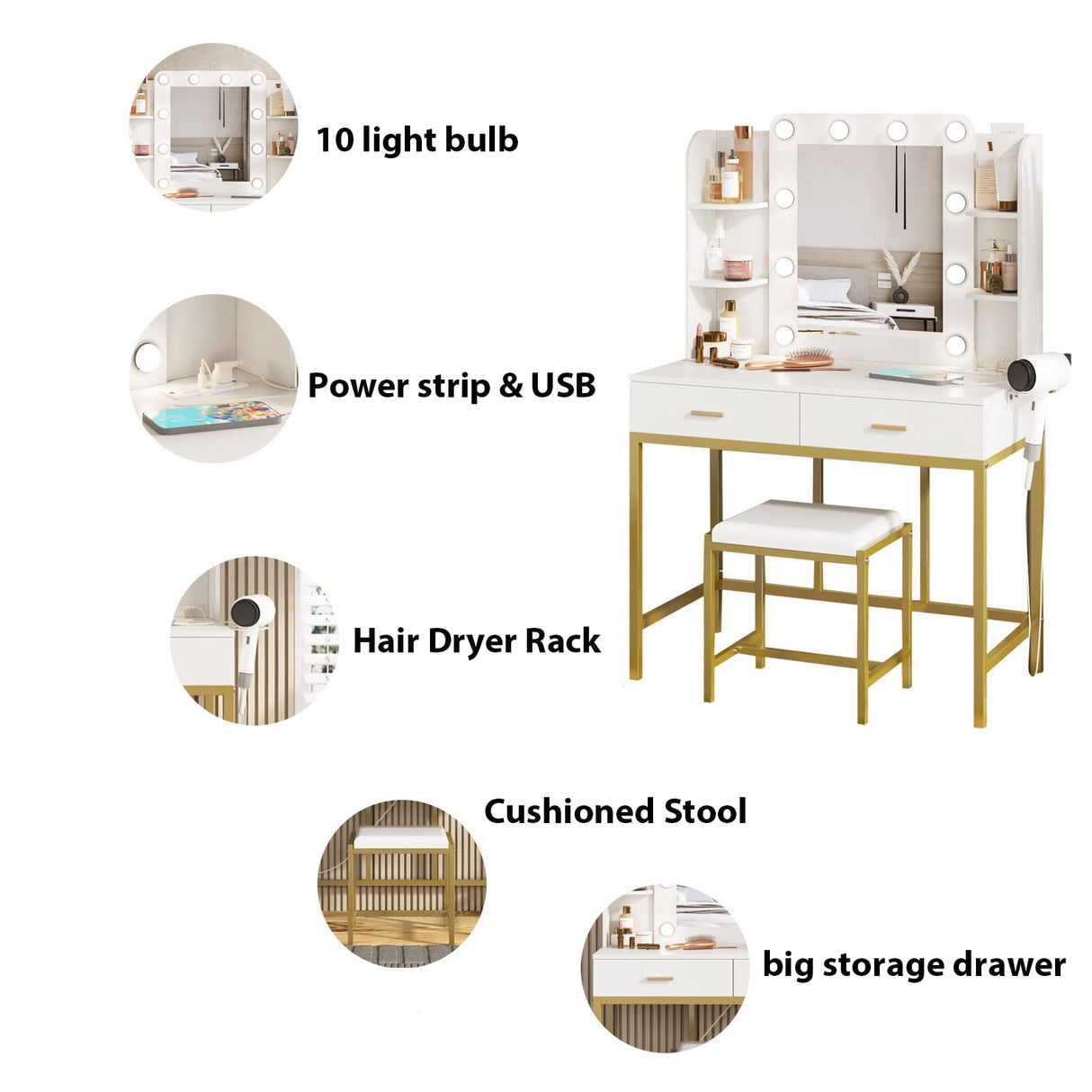 Vanity Desk with Mirror and 10 Led Lights, with Charging Station,Makeup Vanity Table Set with Lighted Mirror, with 3 Lighting Modes and 2 Drawers&Cushioned Stool for Bedroom Vabches